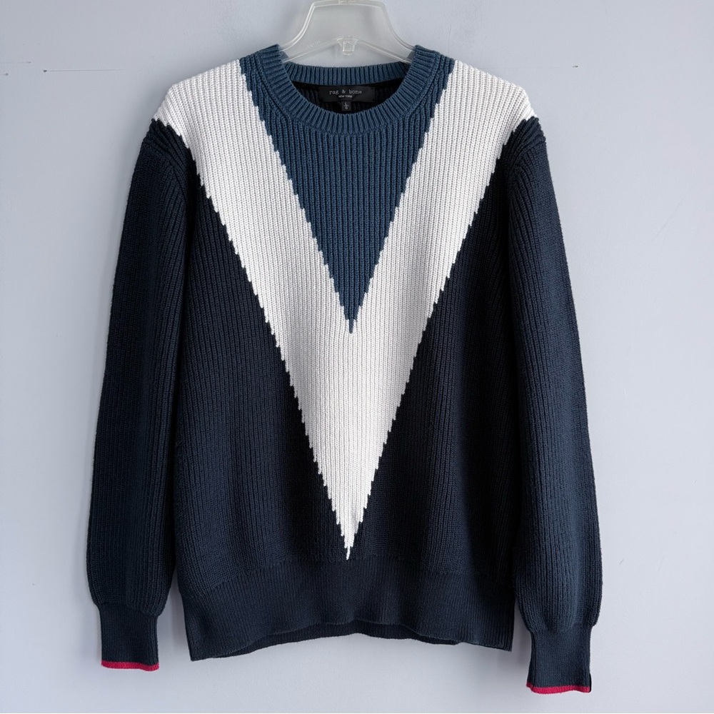 Rag & Bone Emory Intarsia Sweater Mens L Chevron Colorblock Cable Knit Cotton - Picture 6 of 15
